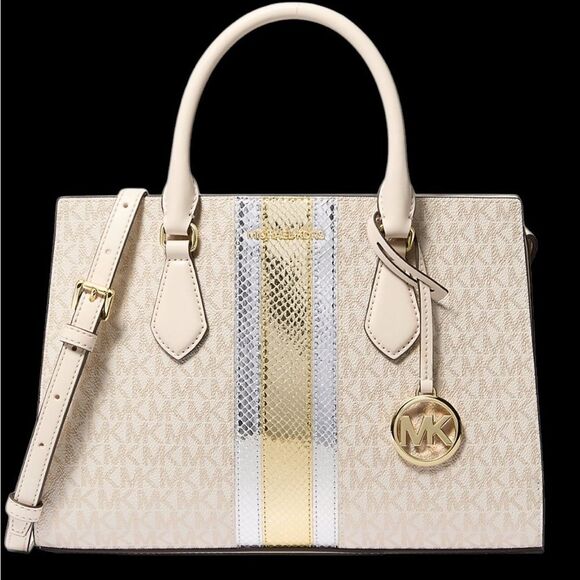 MICHAEL KORS, SHEILA, SIGNATURE LOGO AND METALLIC SATCHEL, NWT - Picture 1 of 6